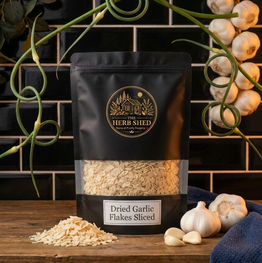 A black stand-up pouch of The Herb Shed Dried Garlic Flakes Sliced in Wollongong, Australia, sits on a wooden surface with loose garlic flakes and whole garlic bulbs against a black tiled background.