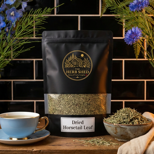 A black stand-up pouch of The Herb Shed Dried Horsetail Leaf in Wollongong, Australia, sits on a wooden surface with loose dried horsetail and a cup of herbal tea, surrounded by horsetail stems and blue flowers against a black tiled background.