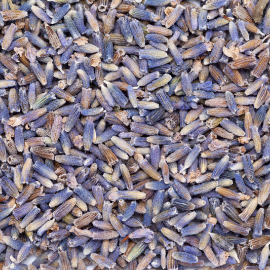 A close-up of Dried Lavender Flowers from The Herb Shed Wollongong, Australia, showing the small dried flower buds with their naturally varied purple and blue-grey colouring.