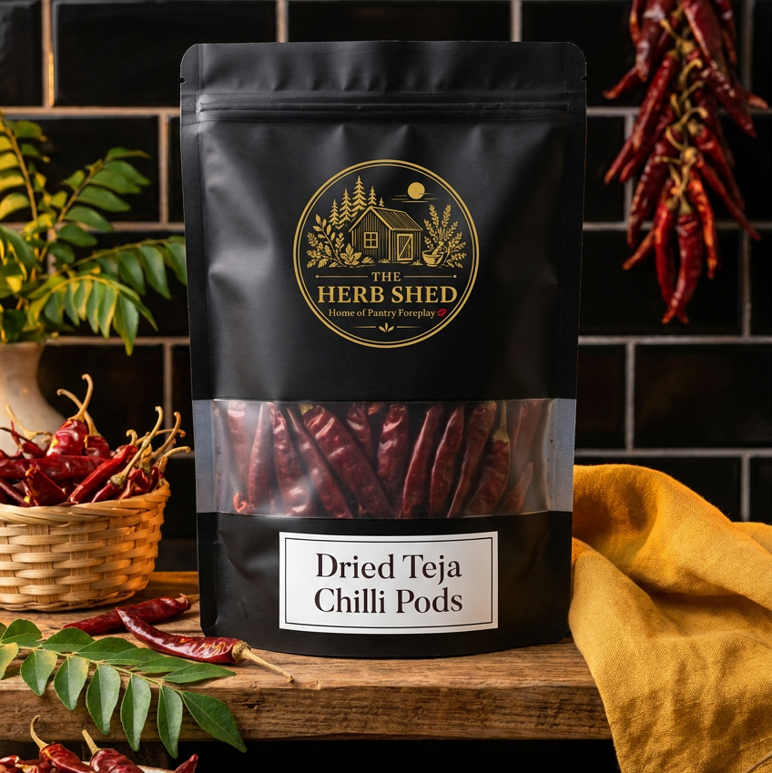 A black stand-up pouch of The Herb Shed Dried Teja Chilli Pods sits on a wooden surface surrounded by whole dried red chillies, green foliage, a woven basket and warm mustard-coloured fabric, against a black tiled background.
