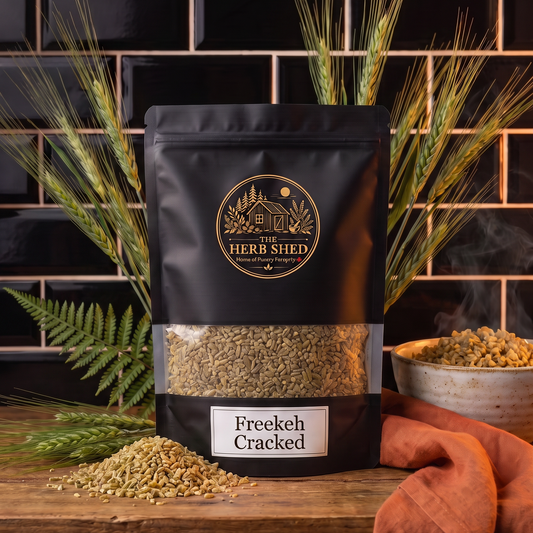 A black stand-up pouch of The Herb Shed Freekeh Cracked in Wollongong, Australia, sits on a wooden surface with loose freekeh and bowls of grain, surrounded by wheat stems, greenery and warm rust fabric against a black tiled background.