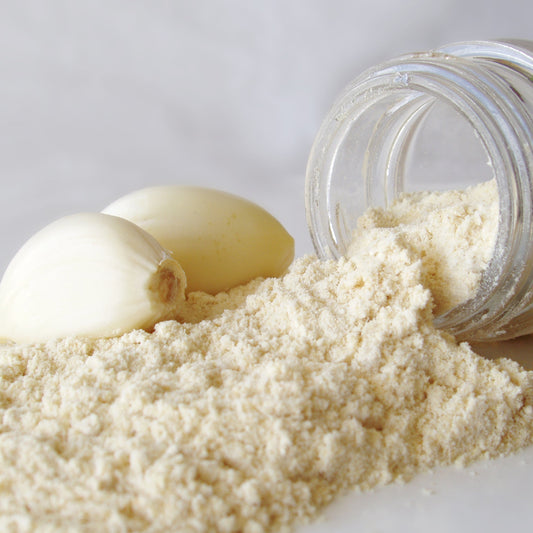 Fine garlic powder is piled beside fresh garlic cloves and a small glass jar, showing the pale cream colour and finely ground texture of the powder.