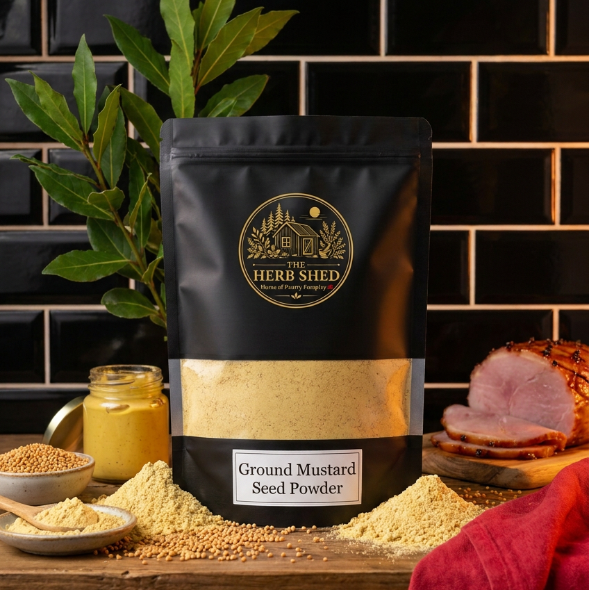 A black stand-up pouch of The Herb Shed Ground Mustard Seed Powder sits on a rustic wooden surface with loose mustard powder, mustard seeds, bowls and dried botanicals in a warm pantry setting.