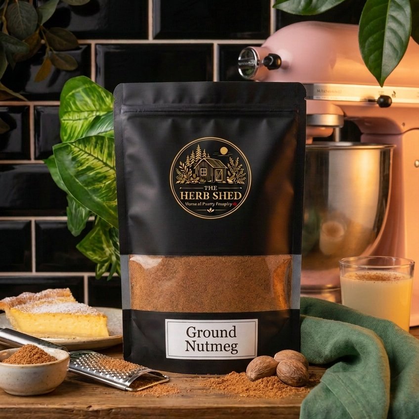 A black stand-up pouch of The Herb Shed Ground Nutmeg in Wollongong, Australia, sits on a wooden surface with loose ground nutmeg, whole nutmegs and a grater beside a stand mixer against a black tiled background.