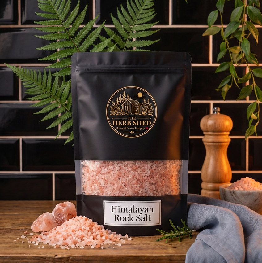 A black stand-up pouch of Himalayan Pink Salt surrounded by coarse pink salt crystals in a dark kitchen setting, from The Herb Shed Wollongong Australia.