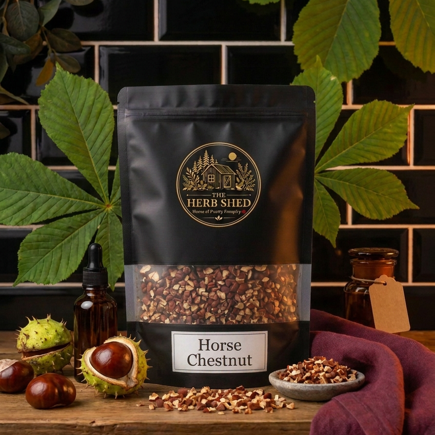 A black stand-up pouch of The Herb Shed Horse Chestnut sits on a wooden surface with loose chopped horse chestnut, whole glossy brown horse chestnuts, a spiky green husk, wooden scoop and amber bottles, surrounded by large green leaves against a black tiled background with deep burgundy fabric.