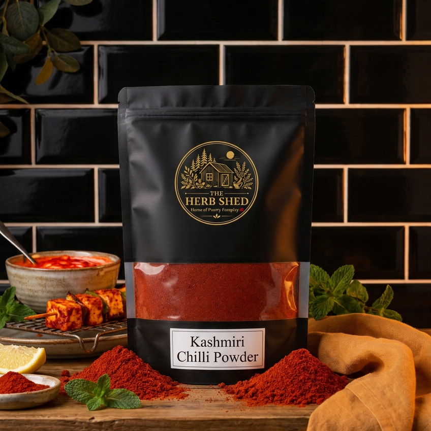 A black stand-up pouch of The Herb Shed Kashmiri Chilli Powder sits on a wooden surface with loose vivid red chilli powder, dried chillies, a bowl of chilli pieces, fresh green herbs and warm mustard fabric against a black tiled background.