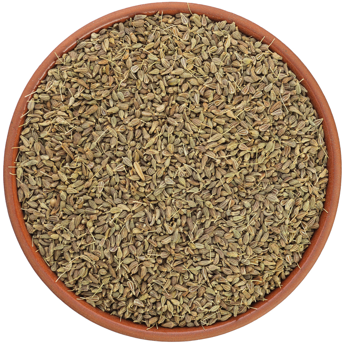 A bowl filled with Organic Aniseed, showing the small elongated seeds and their natural green-brown colouring and texture.