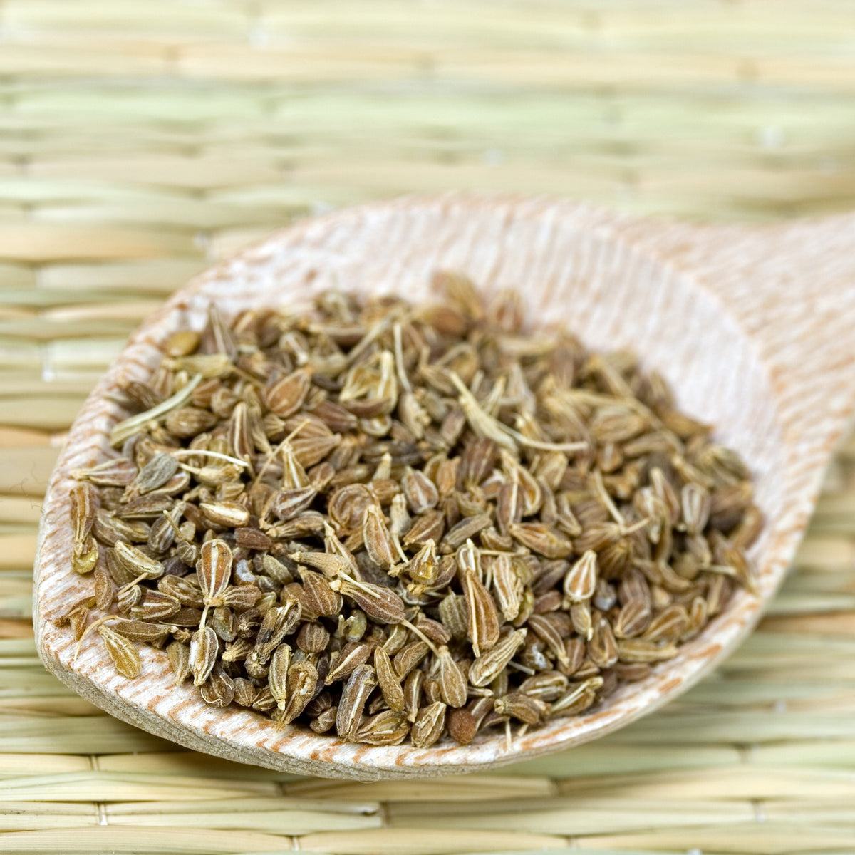 A spoon filled with Organic Aniseed rests on a light wooden surface, showing the whole dried seeds and their natural texture.