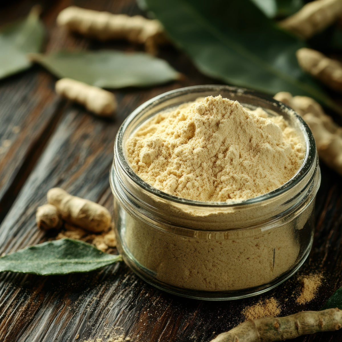 Organic Ashwagandha Powder fills a small glass jar on a rustic wooden surface, surrounded by loose powder, dried ashwagandha roots and leaves.