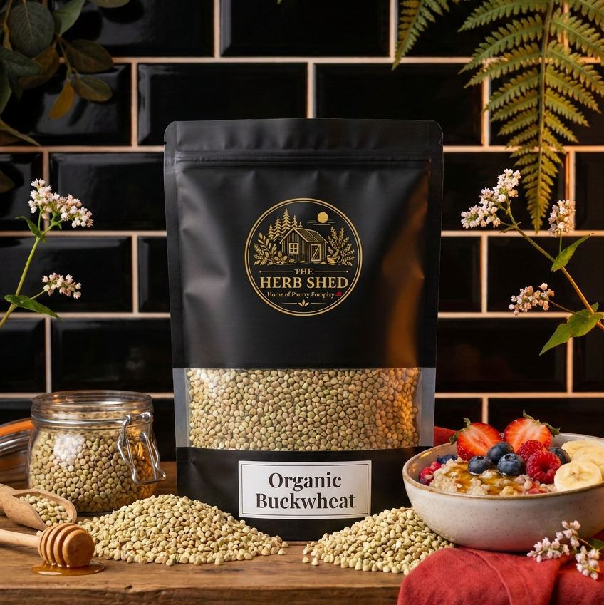 A black stand-up pouch of The Herb Shed Organic Buckwheat sits on a wooden surface with loose buckwheat, a glass jar of buckwheat, a wooden scoop, honey dipper and a breakfast bowl topped with fresh berries and banana, surrounded by foliage against a black tiled background.