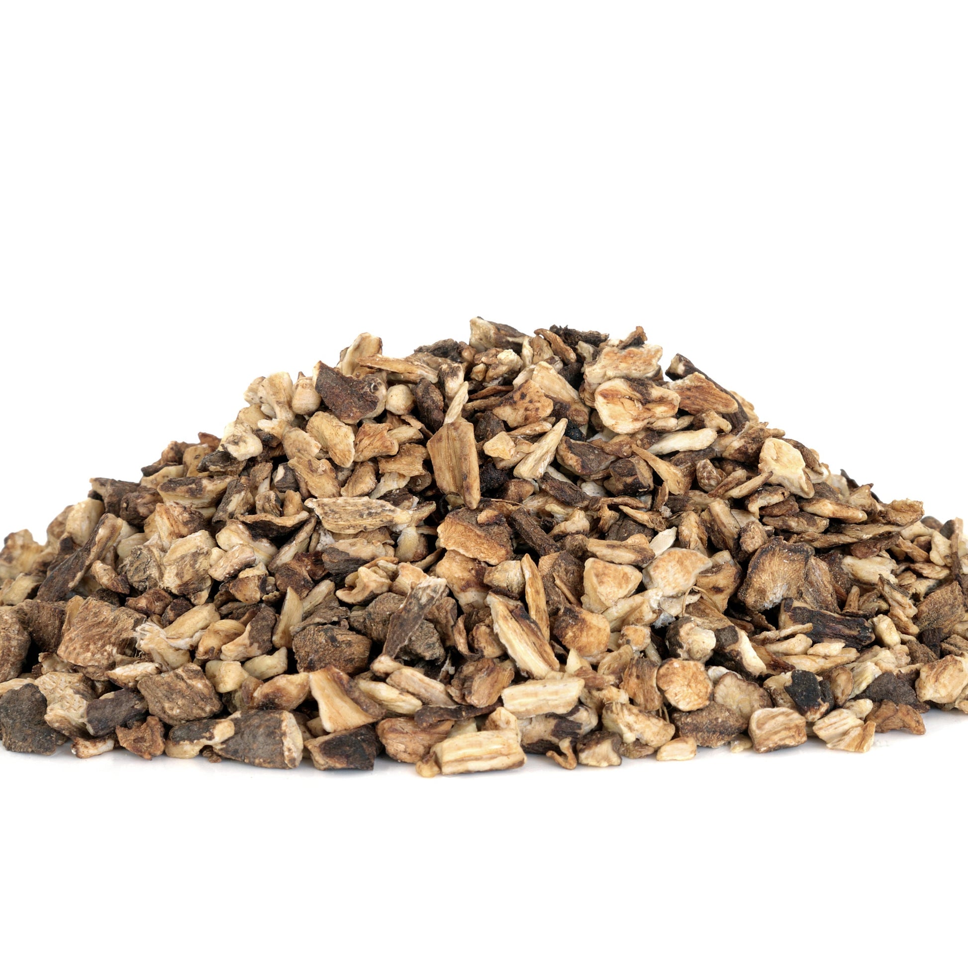 A pile of dried organic burdock root pieces sits against a white background, showing the chopped texture and natural cream, tan and brown colouring of the dried root.