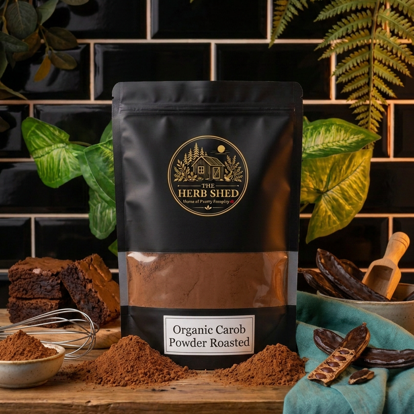 A black stand-up pouch of The Herb Shed Organic Carob Powder Roasted sits on a wooden surface with loose carob powder, carob pods, a whisk and pieces of chocolate-style carob, surrounded by green foliage and teal fabric against a black tiled background.
