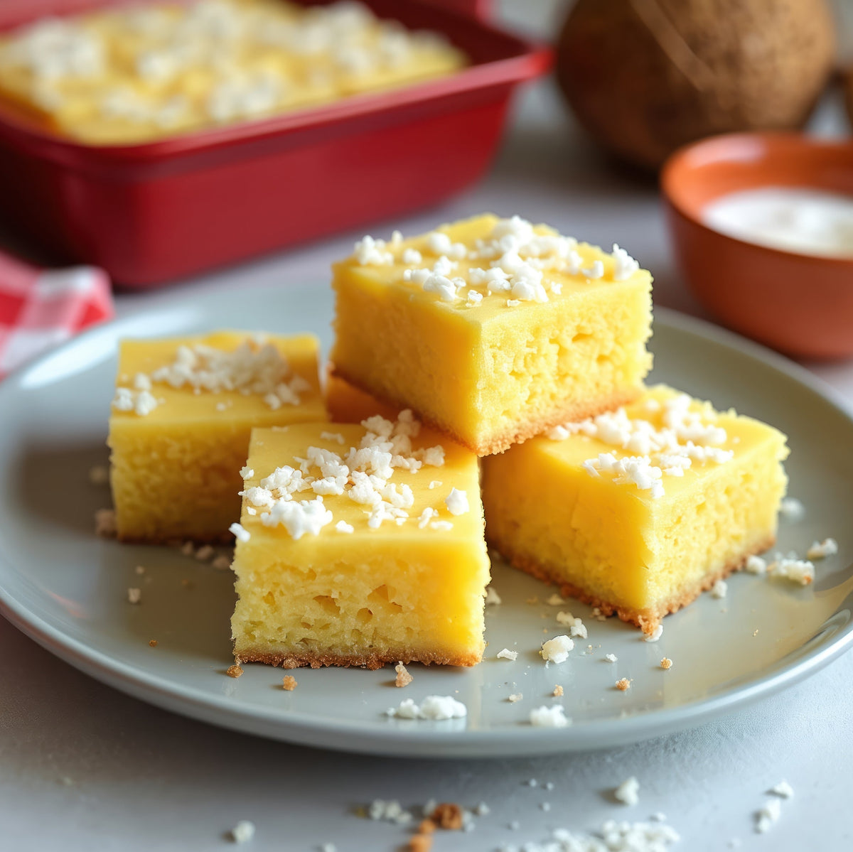 Pieces of golden cake made with cassava flour are arranged on a plate, showing Organic Cassava Flour Extra Fine used in baking.
