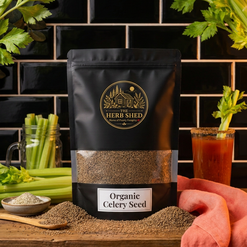 A black stand-up pouch of The Herb Shed Organic Celery Seed sits on a wooden surface with loose celery seeds, fresh celery stalks and leaves, a small bowl of seeds and a glass of tomato juice, against a black tiled background with soft coral fabric.