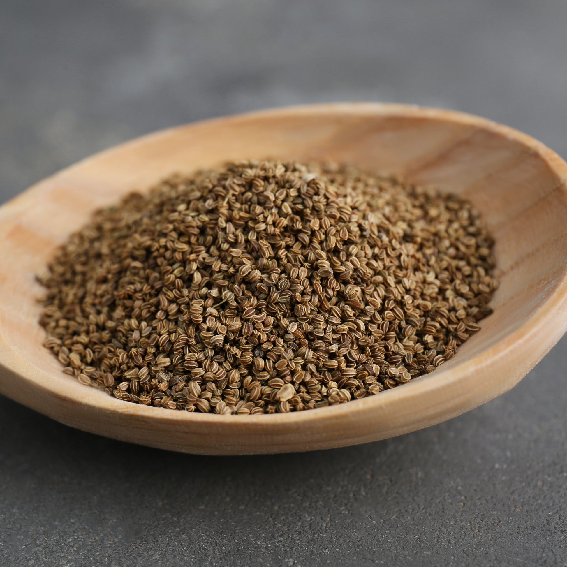 Organic celery seeds fill a wooden spoon against a dark background, showing the small size, oval shape and natural brown colouring of the whole seeds.