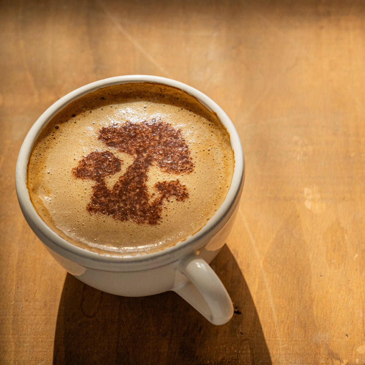 A creamy hot chaga drink is served in a ceramic mug with a mushroom design dusted across the frothy surface, showing a drink idea using Organic Chaga Mushroom Powder.