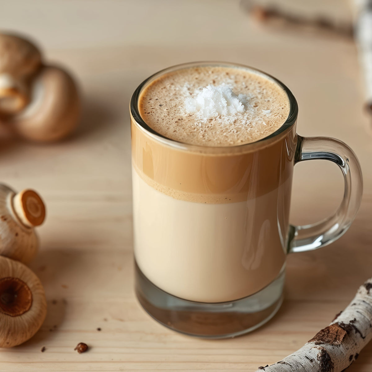 A layered chaga latte is served in a clear glass mug with a thick frothy top dusted with chaga powder, with mushrooms arranged around the drink.