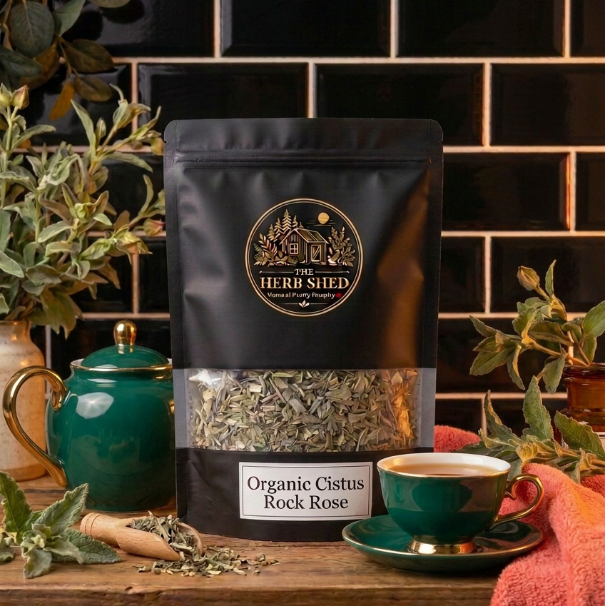 A black stand-up pouch of The Herb Shed Organic Cistus Rock Rose with loose dried leaves and a cup of brewed tea.