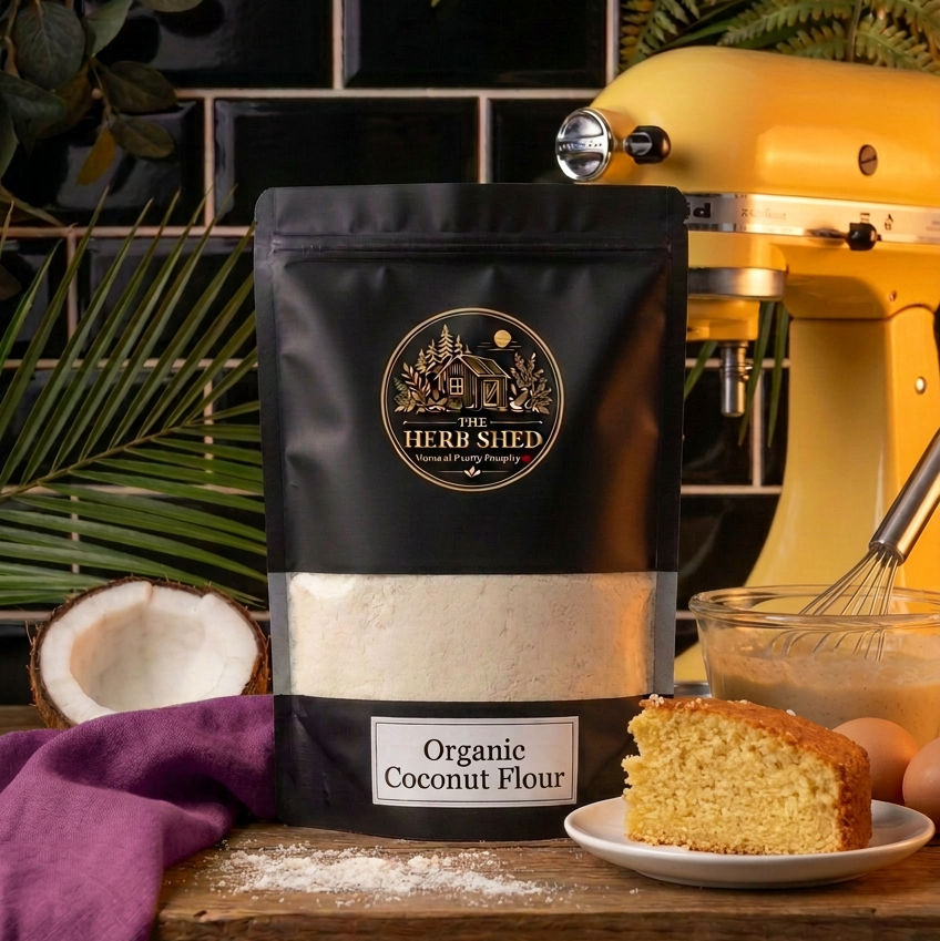 A black stand-up pouch of The Herb Shed Organic Coconut Flour on a wooden surface with coconut and baked cake.