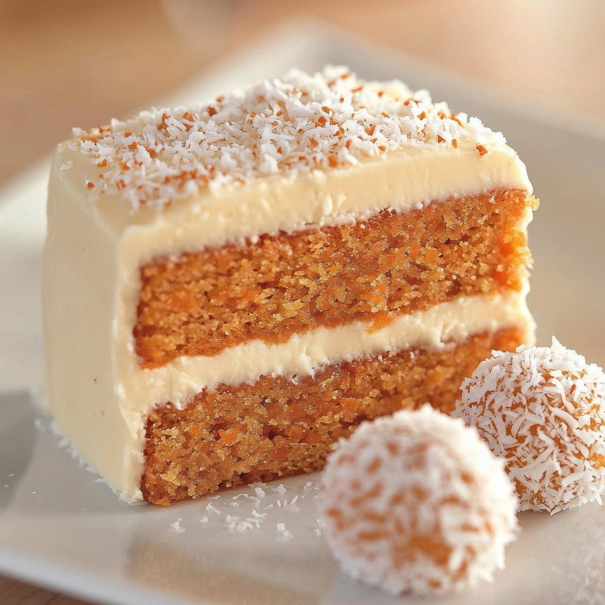 A layered cake made with coconut sugar is covered in creamy frosting and topped with shredded coconut, with a slice cut to show the golden cake layers inside.