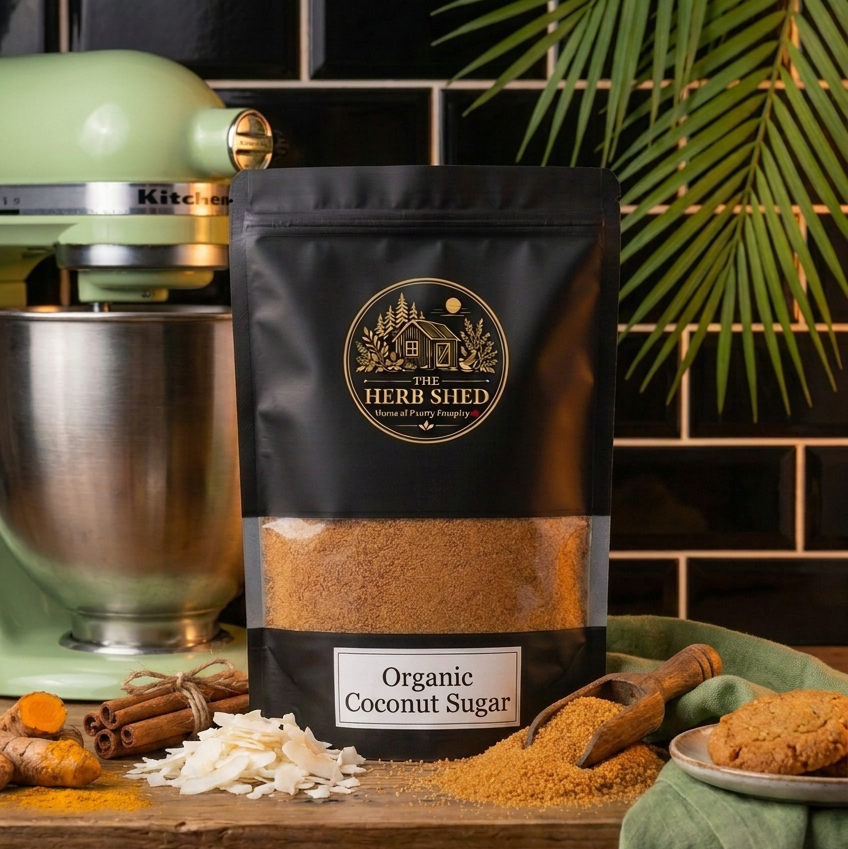 A black stand-up pouch of The Herb Shed Organic Coconut Sugar sits on a wooden kitchen surface with loose coconut sugar, coconut pieces and a wooden scoop, beside a stand mixer and green palm leaves against a black tiled background.