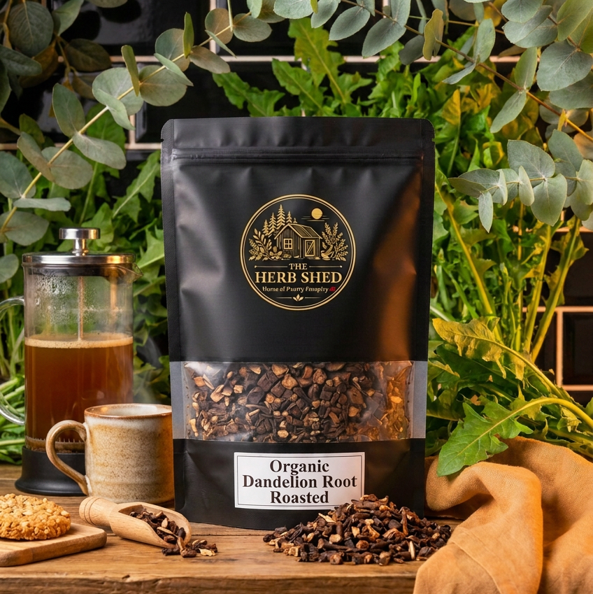 A black stand-up pouch of The Herb Shed Organic Dandelion Root Roasted sits on a wooden surface with loose roasted dandelion root pieces, a wooden scoop and a glass of brewed dandelion root tea, surrounded by green foliage and warm ochre fabric.