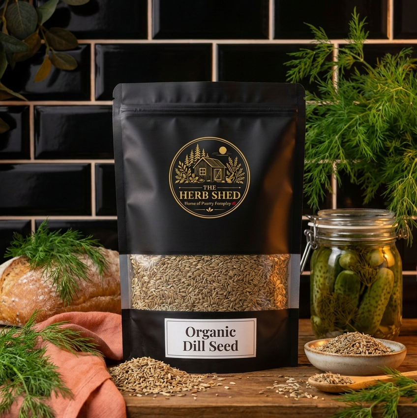 A black stand-up pouch of The Herb Shed Organic Dill Seed sits on a wooden surface with loose dill seeds, fresh dill, a bowl of seeds and a jar of pickles, against a black tiled background with soft peach fabric.