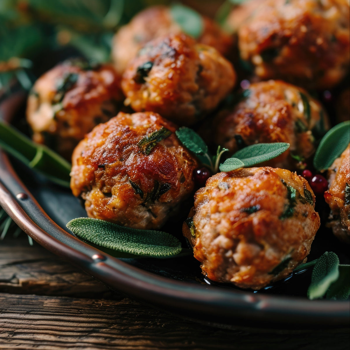 Golden-brown meatballs seasoned with dried sage are served on a dark plate with fresh green herbs.