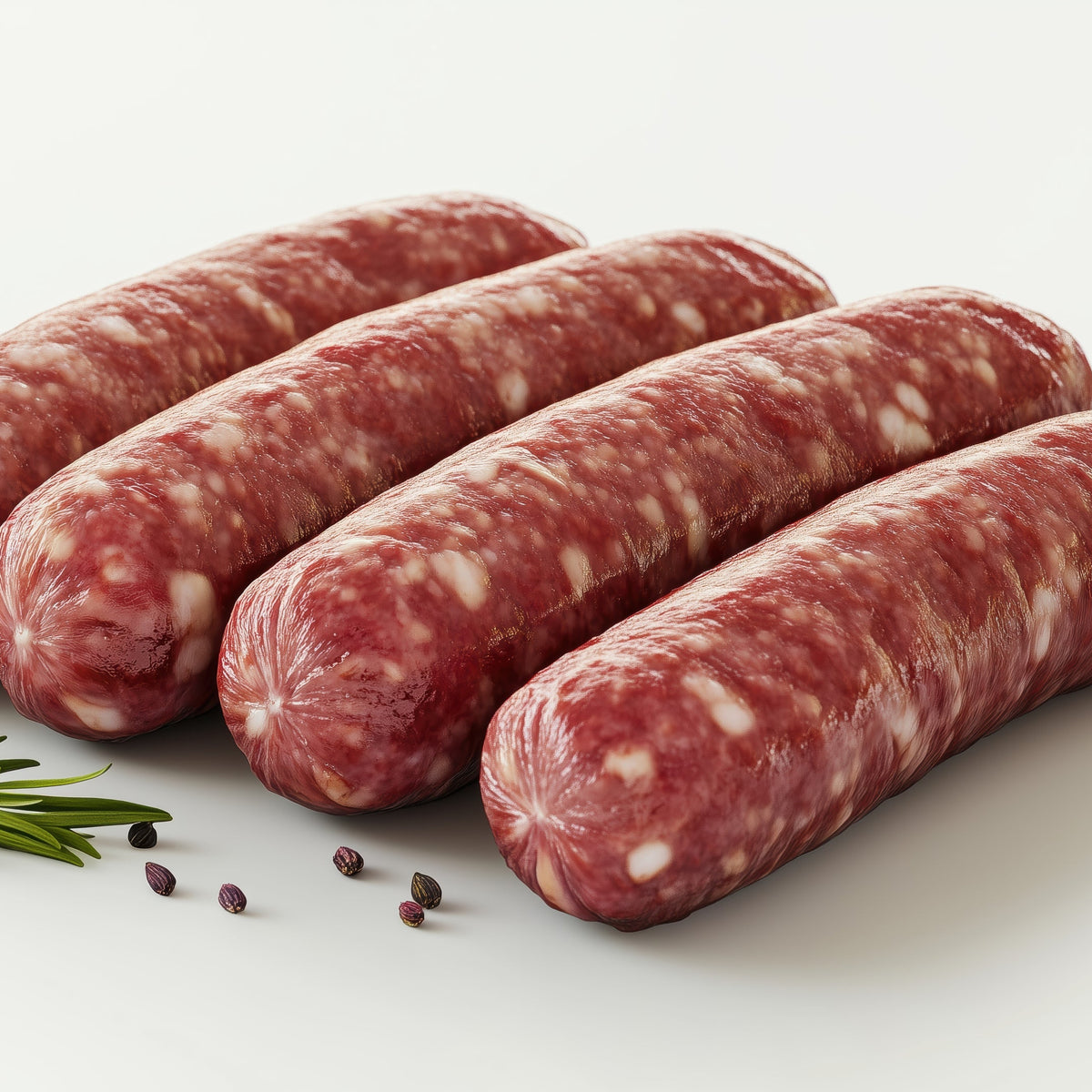 Fresh sausages seasoned with fennel seeds, showing Organic Fennel Seed from The Herb Shed in Wollongong, Australia, used to add aromatic flavour to sausage making.