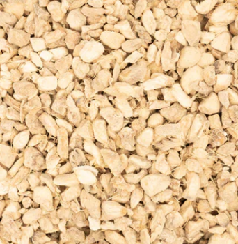 A close-up of Organic Ginger Root Dried from The Herb Shed Wollongong, Australia, showing the small chopped pieces with their naturally pale cream and beige colouring.