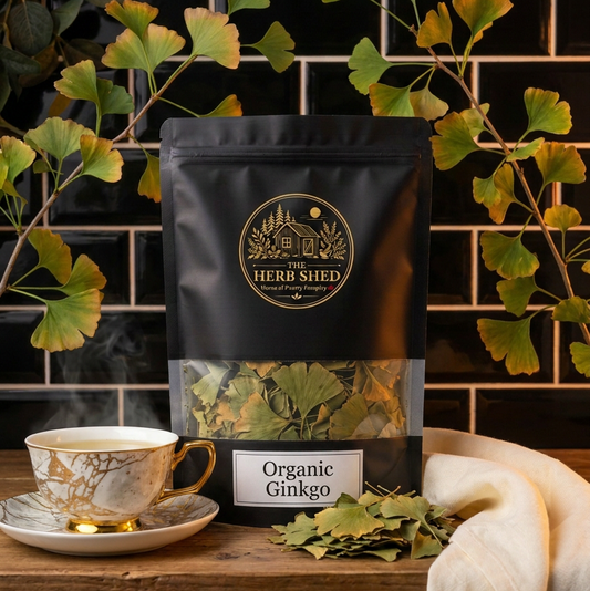 A black stand-up pouch of The Herb Shed Organic Ginkgo in Wollongong, Australia, sits on a wooden surface with loose dried ginkgo leaves and a teacup, surrounded by distinctive fan-shaped ginkgo leaves against a black tiled background.
