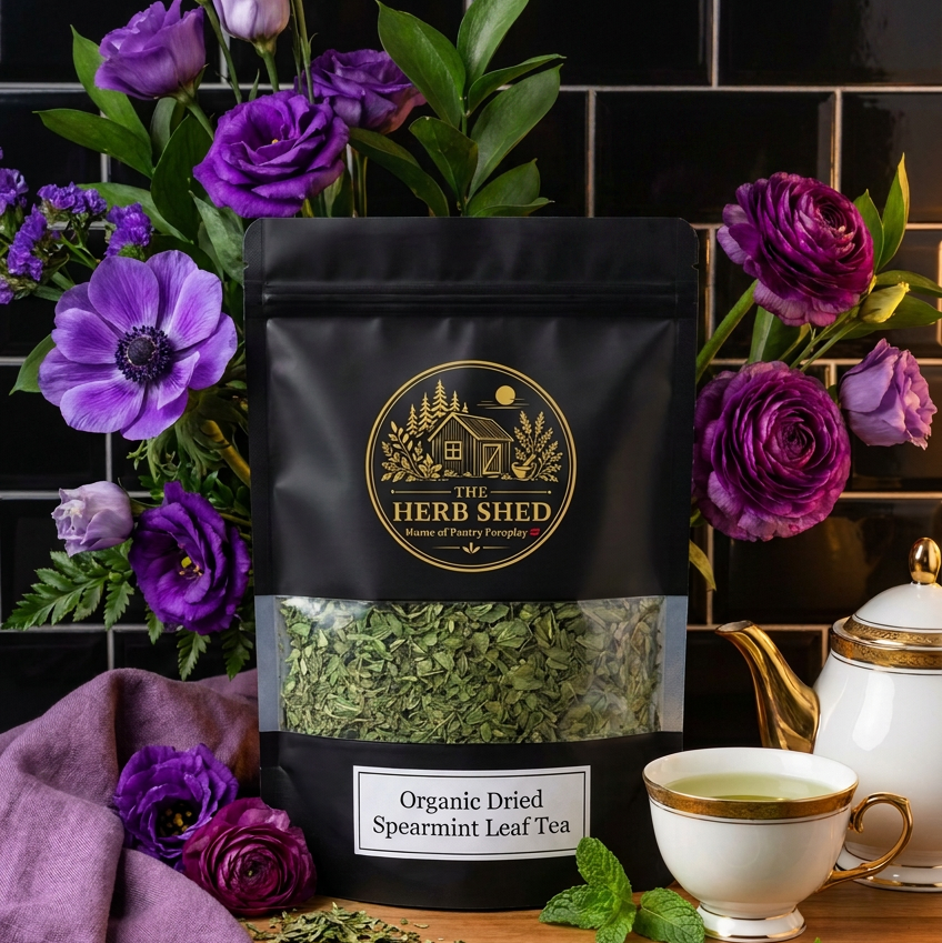 A black stand-up pouch of The Herb Shed Organic Dried Spearmint Leaf Tea stands on a wooden board with a white teapot, teacup, mint leaves, and loose tea scattered around. Purple flowers and green leaves frame the package against a black tiled background.