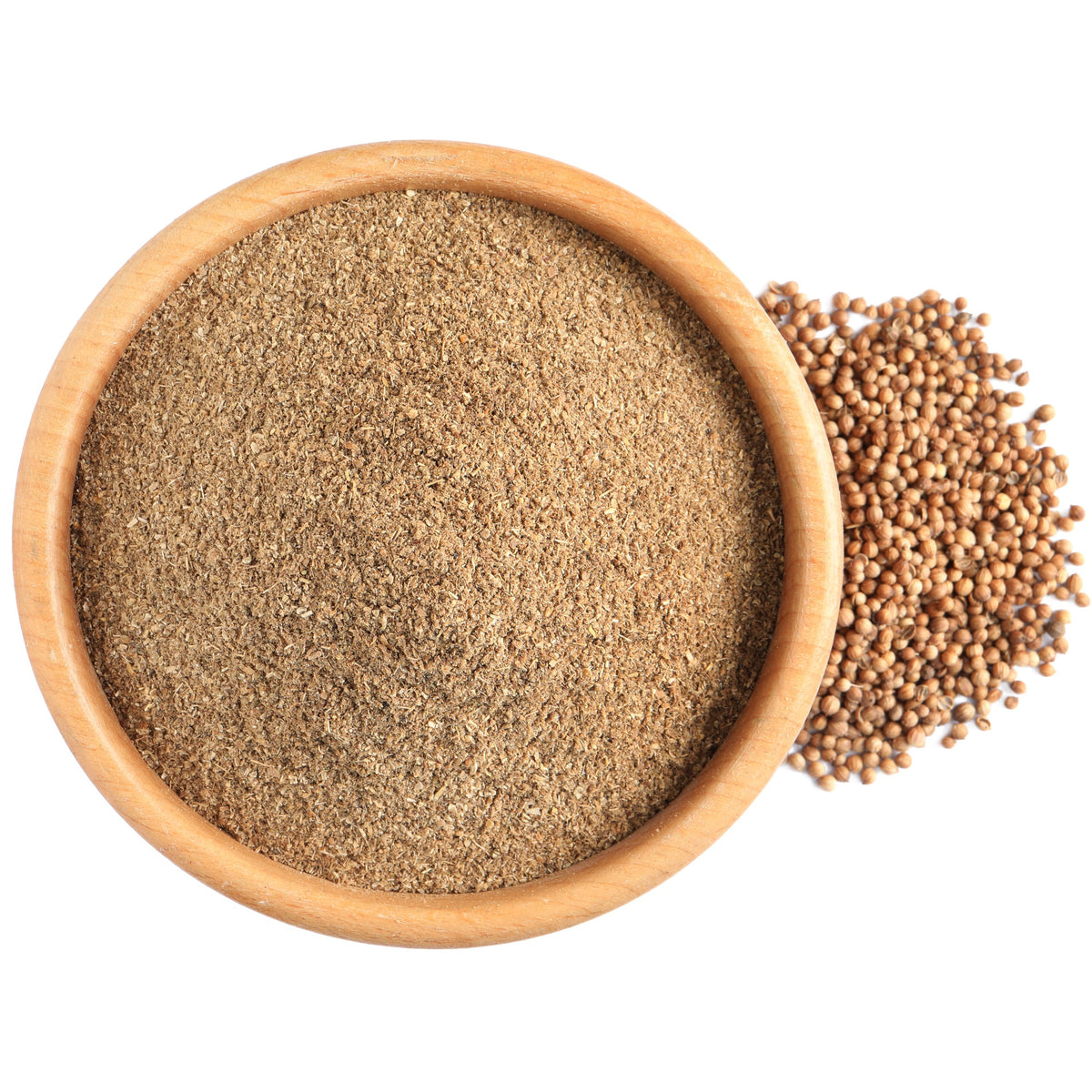 A bowl of Organic Ground Coriander Seed sits beside whole coriander seeds, showing the finely ground spice alongside the whole seeds from which it is made.