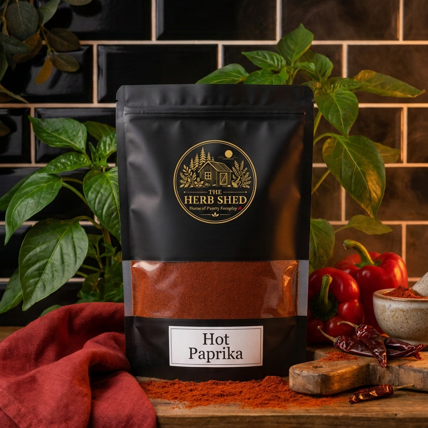 A black stand-up pouch of The Herb Shed Hot Paprika sits on a wooden surface with loose red paprika, red peppers, green leaves and deep red fabric, against a black tiled background.
