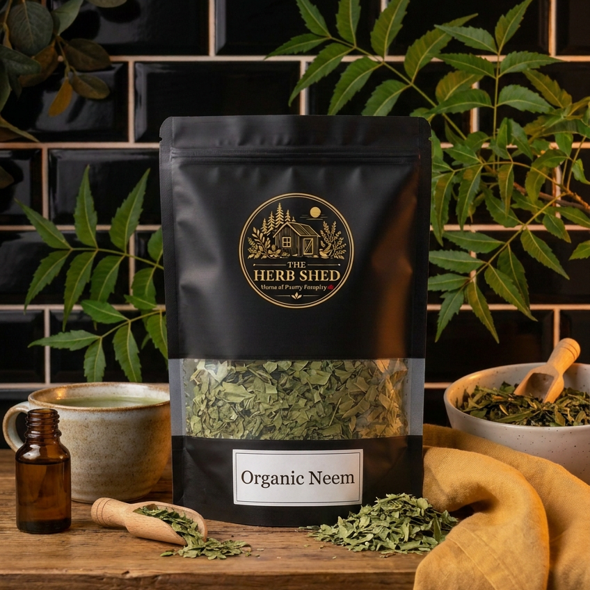 A black stand-up pouch of The Herb Shed Organic Neem sits on a wooden surface with loose dried neem leaves, a wooden scoop, ceramic cup and amber bottle, surrounded by green foliage against a black tiled background with warm ochre fabric.