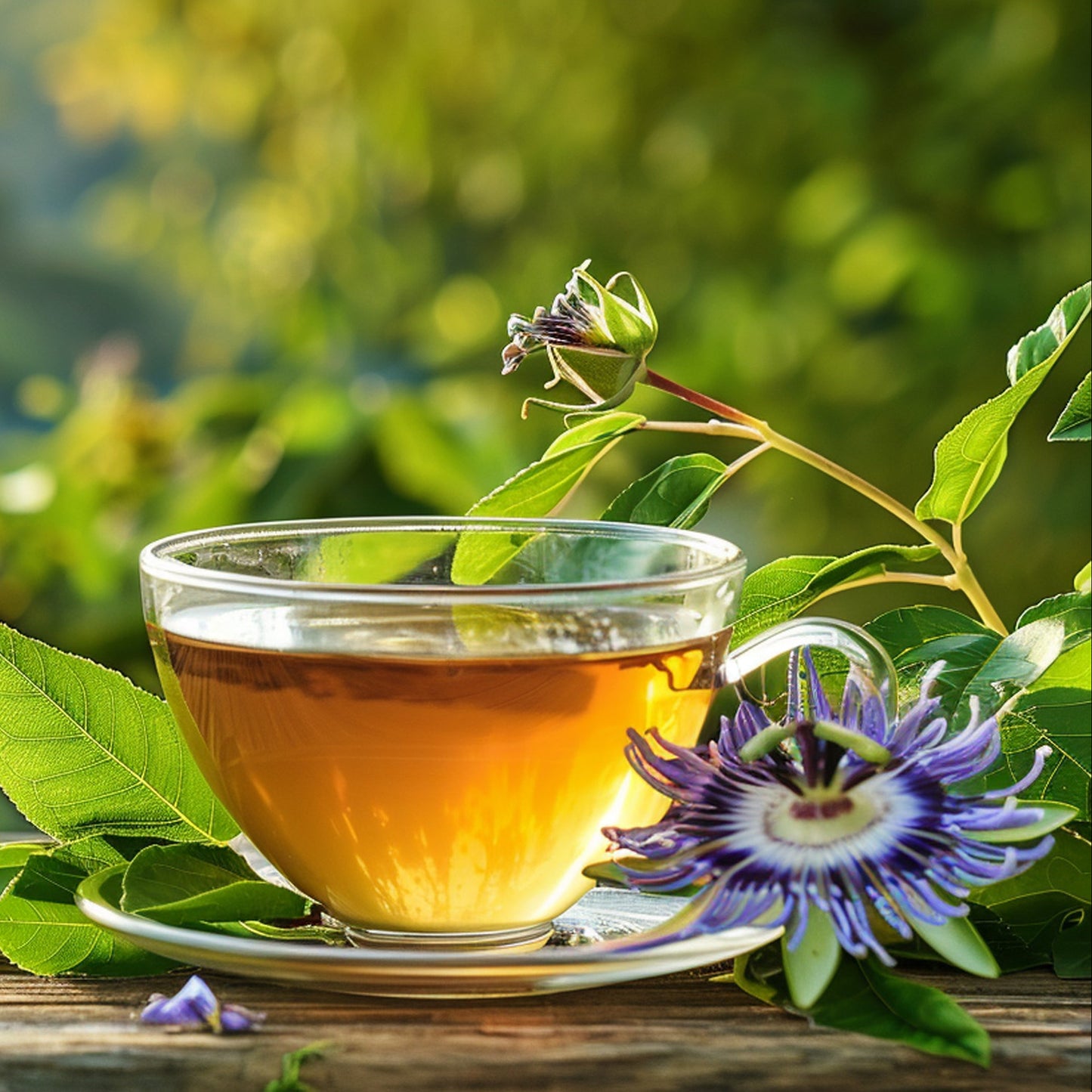 A clear glass cup of brewed passionflower tea sits outdoors beside fresh green leaves and a purple and white passionflower.