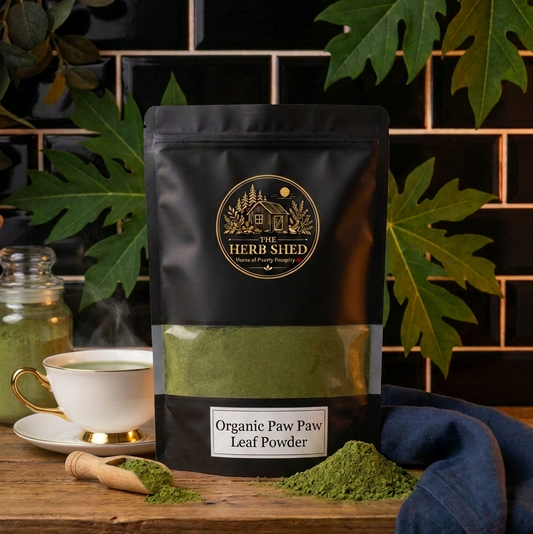 A black stand-up pouch of The Herb Shed Organic Paw Paw Leaf Powder in Wollongong, Australia, sits on a wooden surface with loose green powder, a wooden scoop and cup, surrounded by large green leaves against a black tiled background.