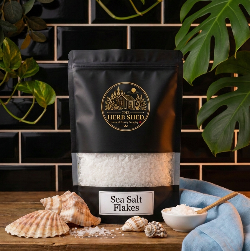A black stand-up pouch of The Herb Shed Sea Salt Flakes sits on a wooden surface with loose salt flakes, seashells and a small bowl, surrounded by green foliage and blue fabric against a black tiled background.