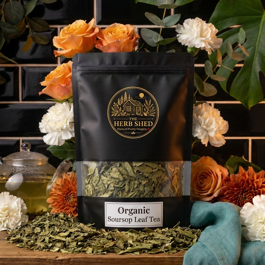 A black stand-up pouch of The Herb Shed Organic Soursop Leaf Tea sits on a wooden surface, surrounded by orange and white flowers, green leaves, and a teal cloth, with a black tiled background.