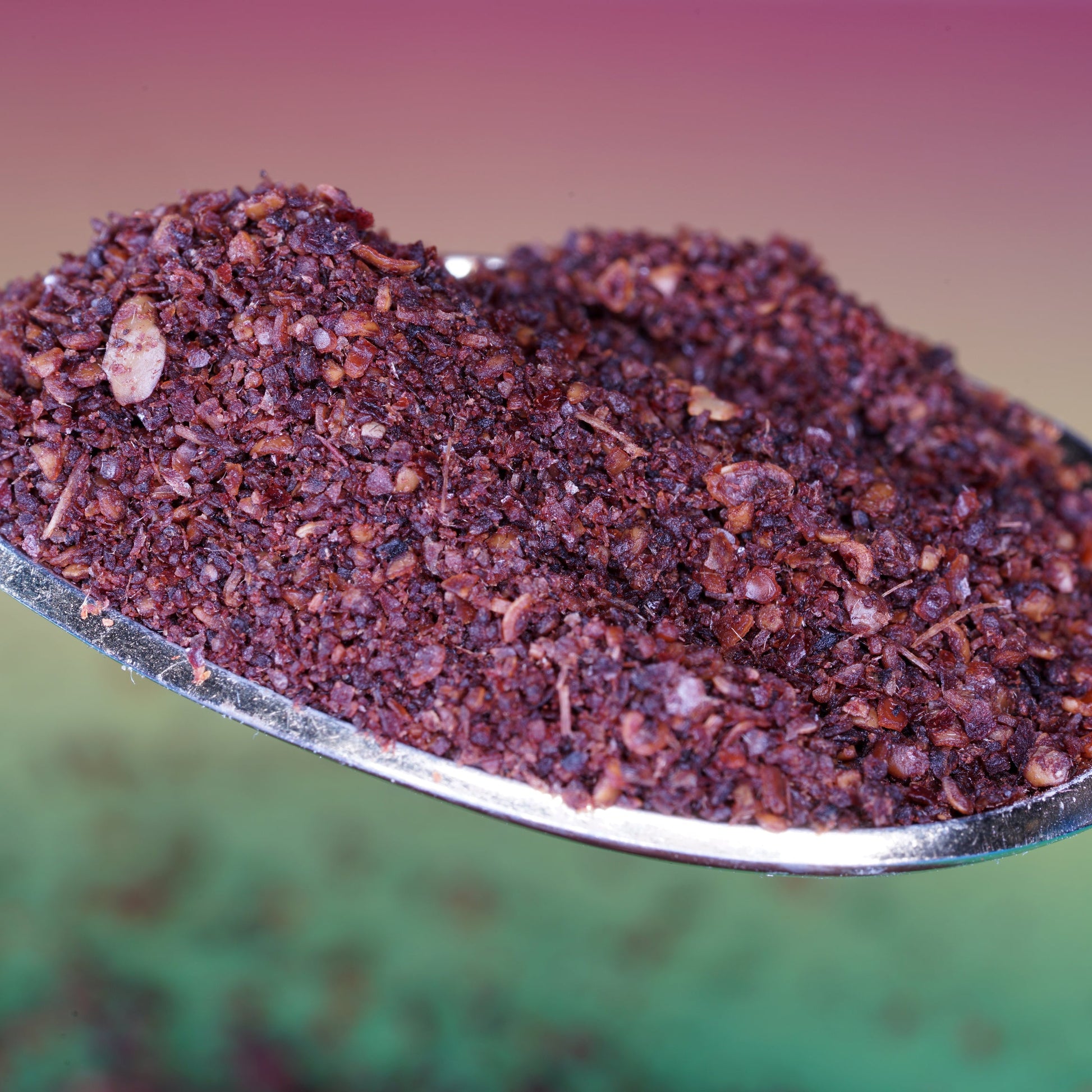 A close-up of organic sumac berry powder piled in a decorative bowl, showing the coarse texture and deep burgundy-red colour of the ground spice.