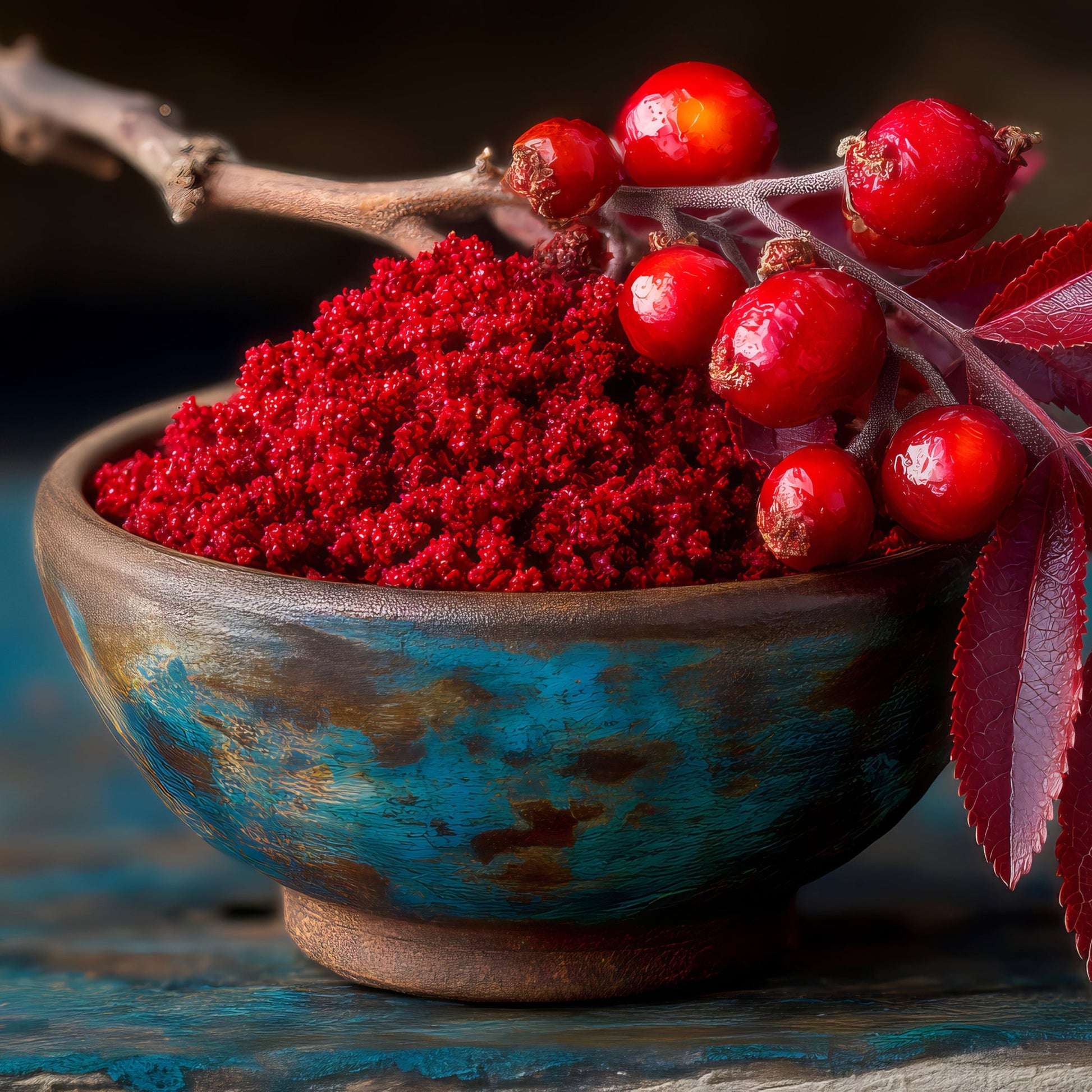 Deep red sumac berry powder fills a decorative blue bowl with fresh red sumac berries arranged beside it, showing the rich colour and texture of the ground spice.