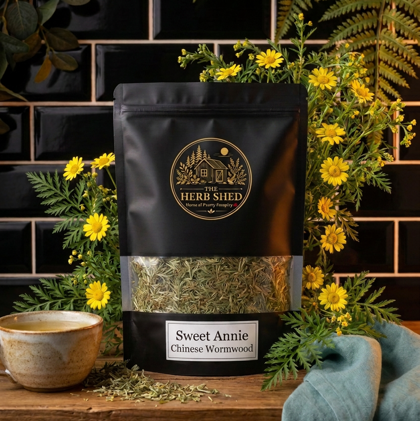 A black stand-up pouch of The Herb Shed Sweet Annie Chinese Wormwood tea placed on a wooden surface, surrounded by green ferns, yellow flowers, a small bowl, and a teal cloth against a black tiled wall.
