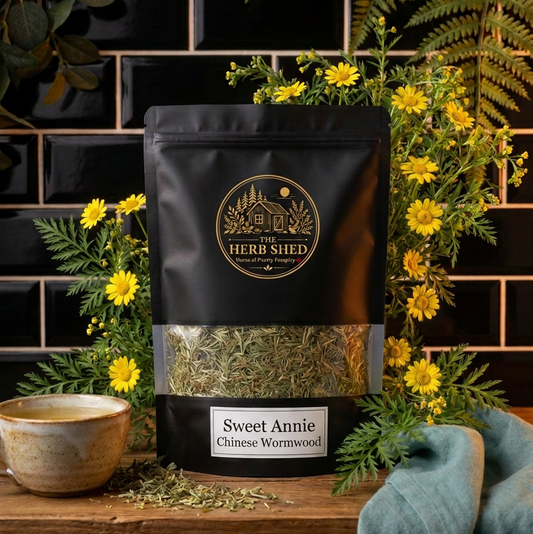 A black stand-up pouch of The Herb Shed Sweet Annie Chinese Wormwood tea placed on a wooden surface, surrounded by green ferns, yellow flowers, a small bowl, and a teal cloth against a black tiled wall.