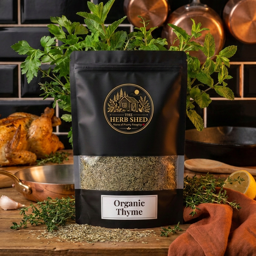 A black stand-up pouch of The Herb Shed Organic Thyme sits on a wooden surface with loose dried thyme, fresh green herbs, lemon and a roast chicken, with copper cookware and warm terracotta fabric against a black tiled kitchen background.
