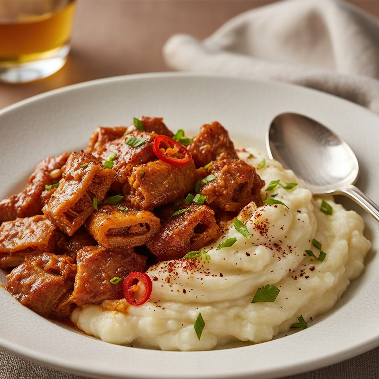A savoury tomato-based dish sits beside creamy mashed potato, showing a serving idea for The Herb Shed Organic Tomato Powder.