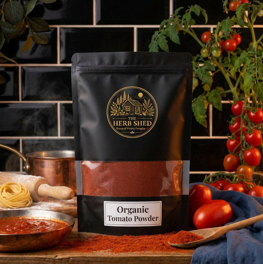 A black stand-up pouch of The Herb Shed Organic Tomato Powder sits on a wooden surface with loose tomato powder, fresh red tomatoes, tomato vines and kitchen ingredients, against a black tiled background with dark blue fabric.