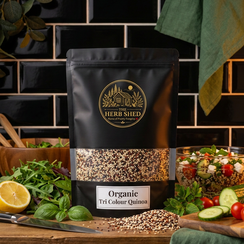 A black stand-up pouch of The Herb Shed Organic Tri Colour Quinoa sits on a wooden surface with loose quinoa, fresh leafy greens, lemon, avocado, tomatoes and prepared quinoa salad, against a black tiled background.