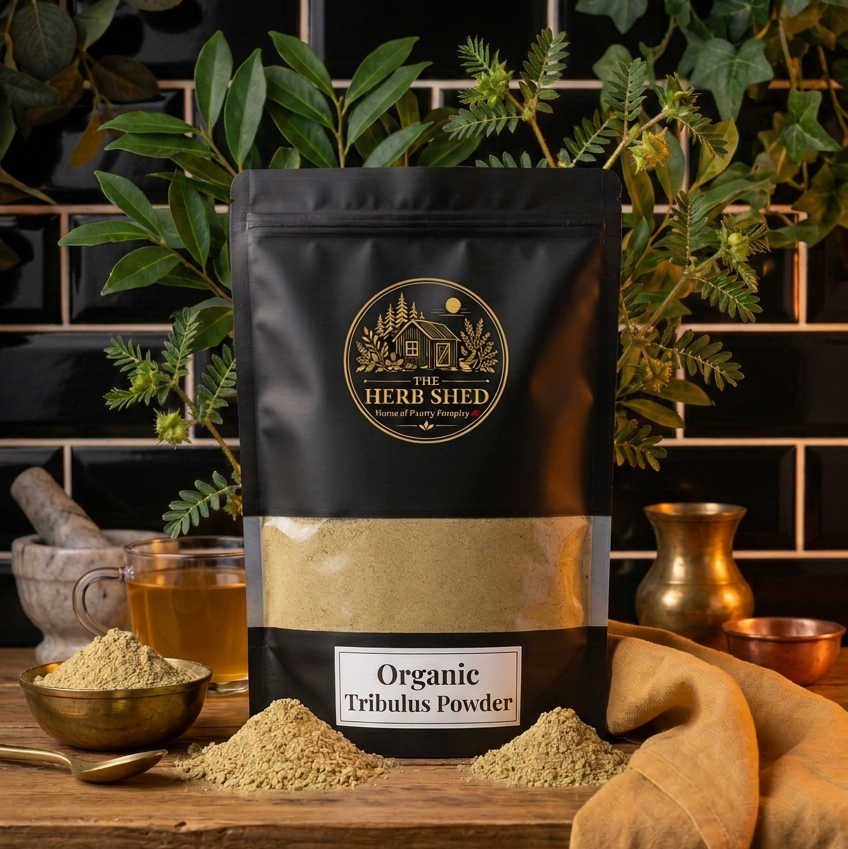 A black stand-up pouch of The Herb Shed Organic Tribulus Powder sits on a wooden surface with loose tribulus powder, a small bowl, green foliage and warm-toned vessels, with soft brown fabric against a black tiled background.