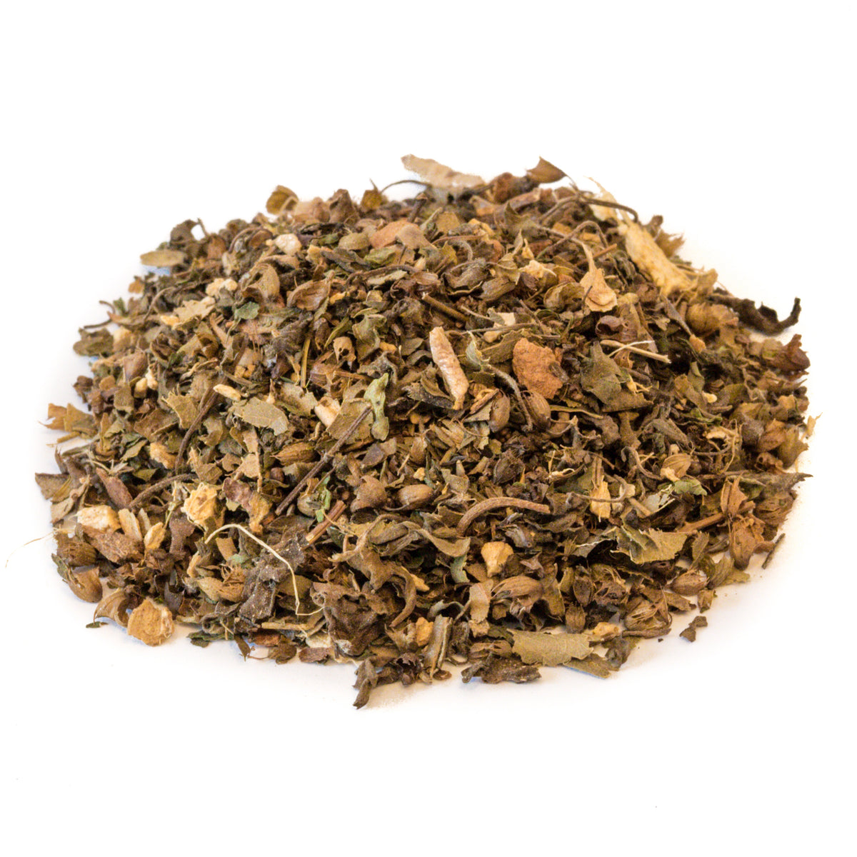 Organic Tulsi Tea from The Herb Shed Wollongong showing the cut dried leaves and stems with their naturally varied green and brown colouring and herbal texture. 